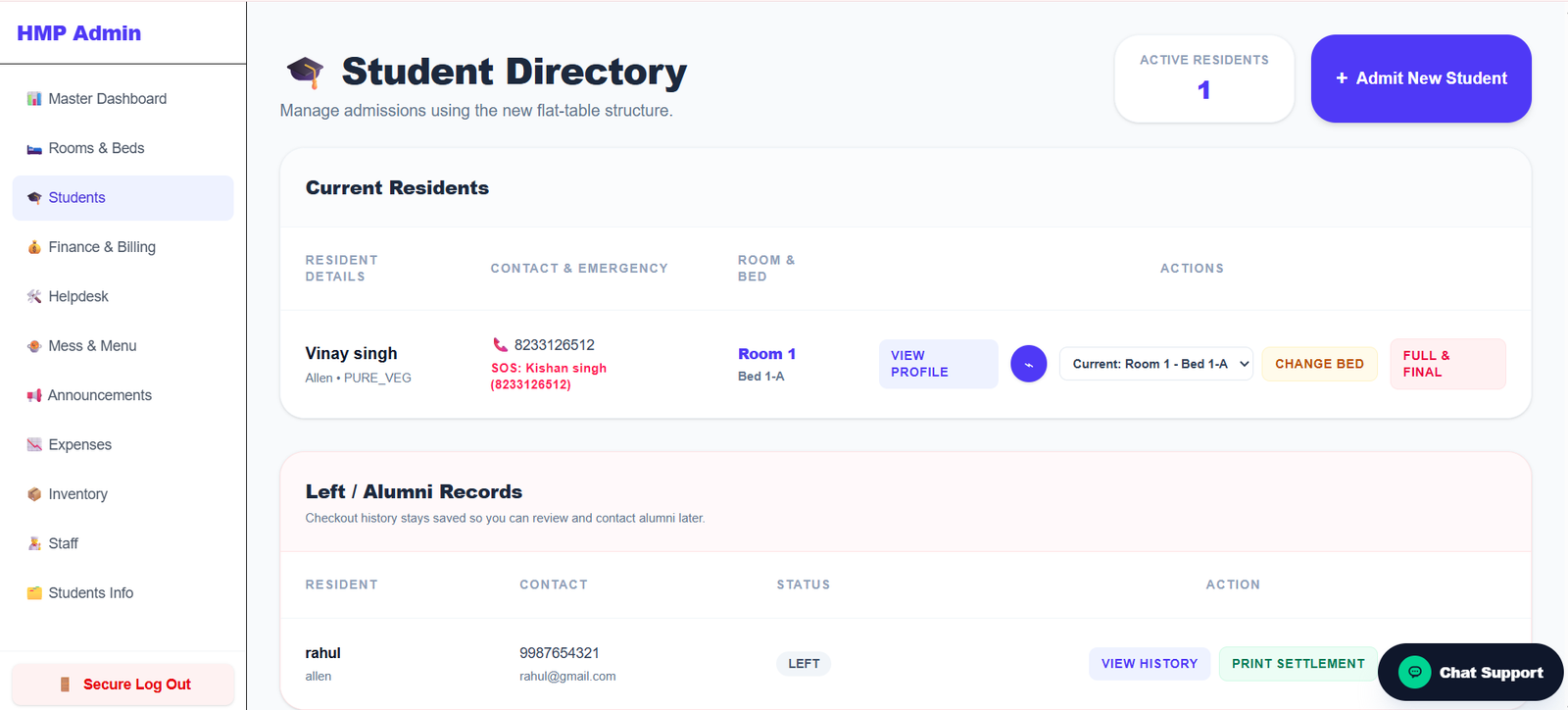 HMPL student directory with room assignment