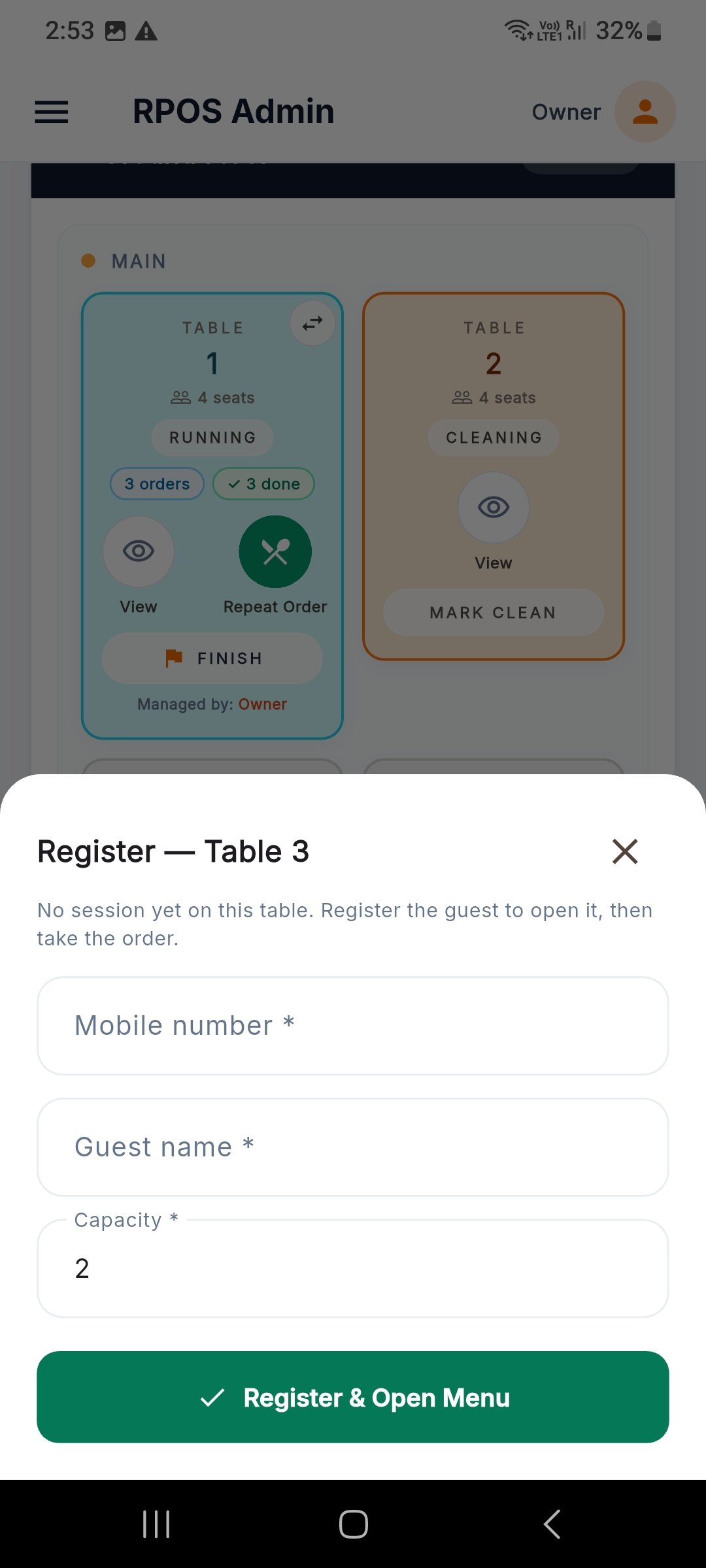 Register a guest on an empty table and open the menu