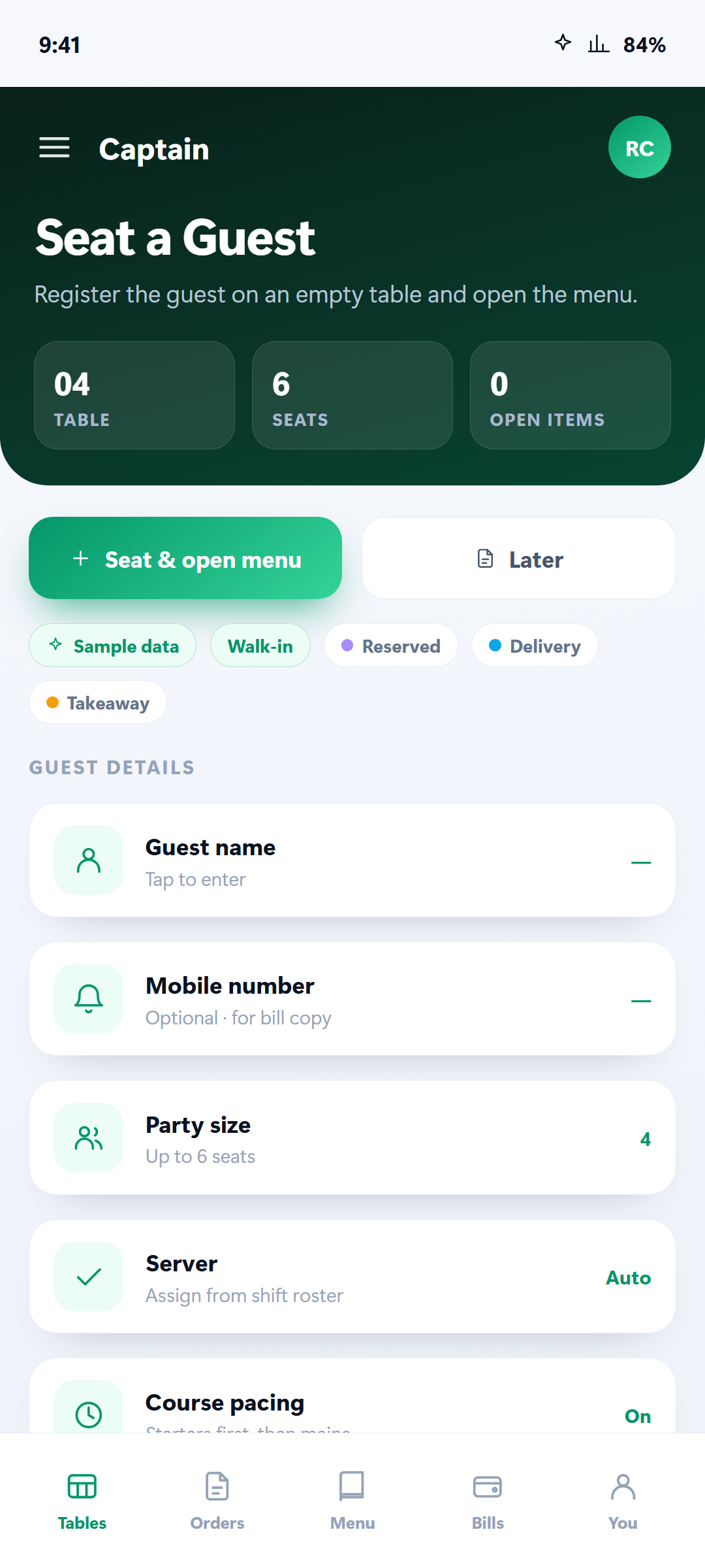 Register a guest on an empty table and open the menu