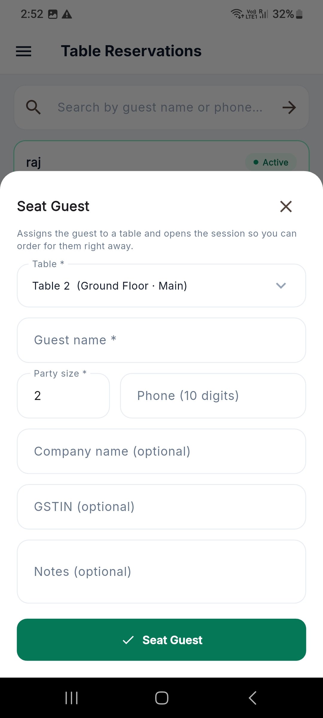 Table reservations list with a seat guest sheet open