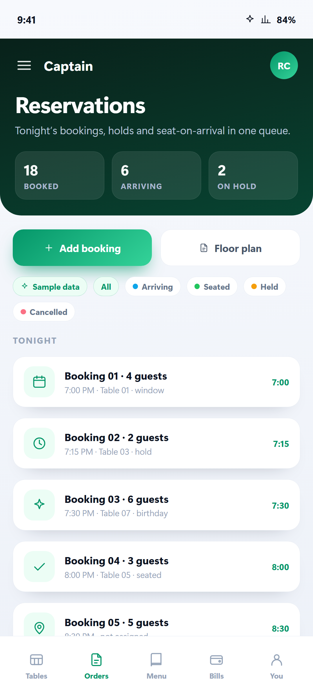 Table reservations list with a seat guest sheet open