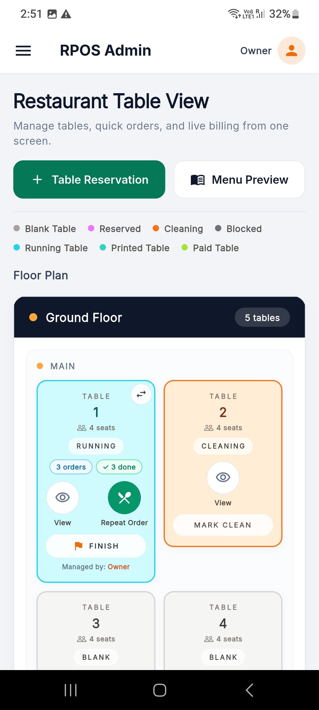 RPOS Captain restaurant floor app open on a phone