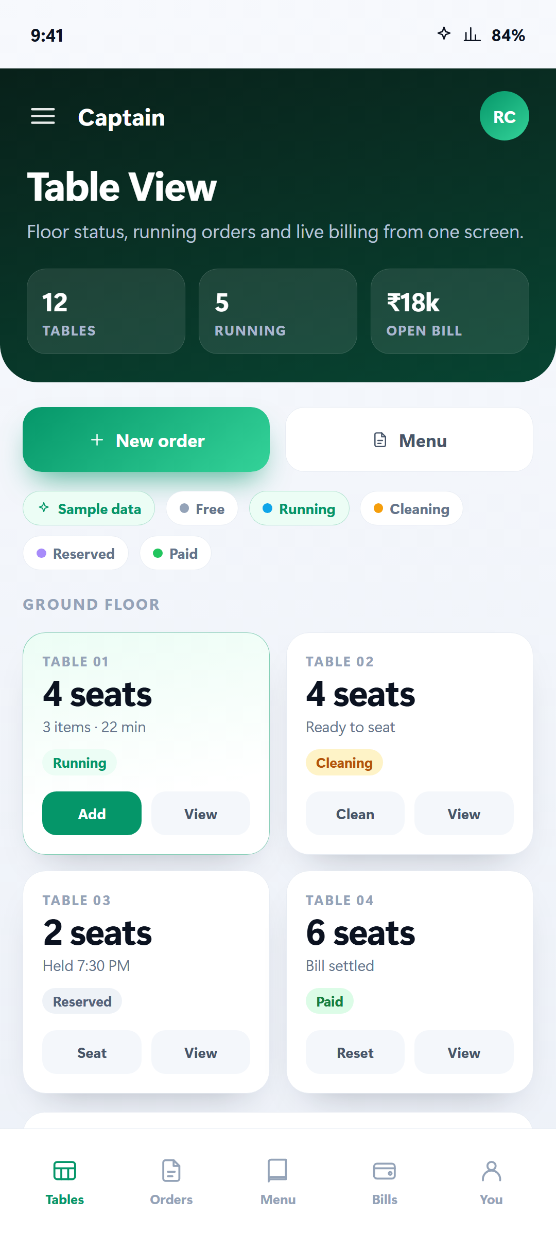 RPOS Captain restaurant floor app open on a phone